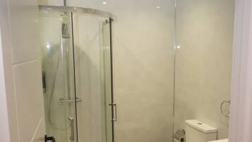A modern bathroom with a glass-enclosed shower, a toilet, and a sink.