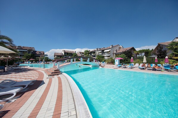 Seasonal outdoor pool, pool umbrellas, pool loungers
