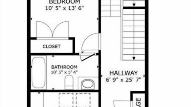 Plano de planta de un apartamento de dos habitaciones, con habitación principal, habitación secundaria, vestidor, lavandería, baño, armario, pasillo y espacios de almacenamiento.