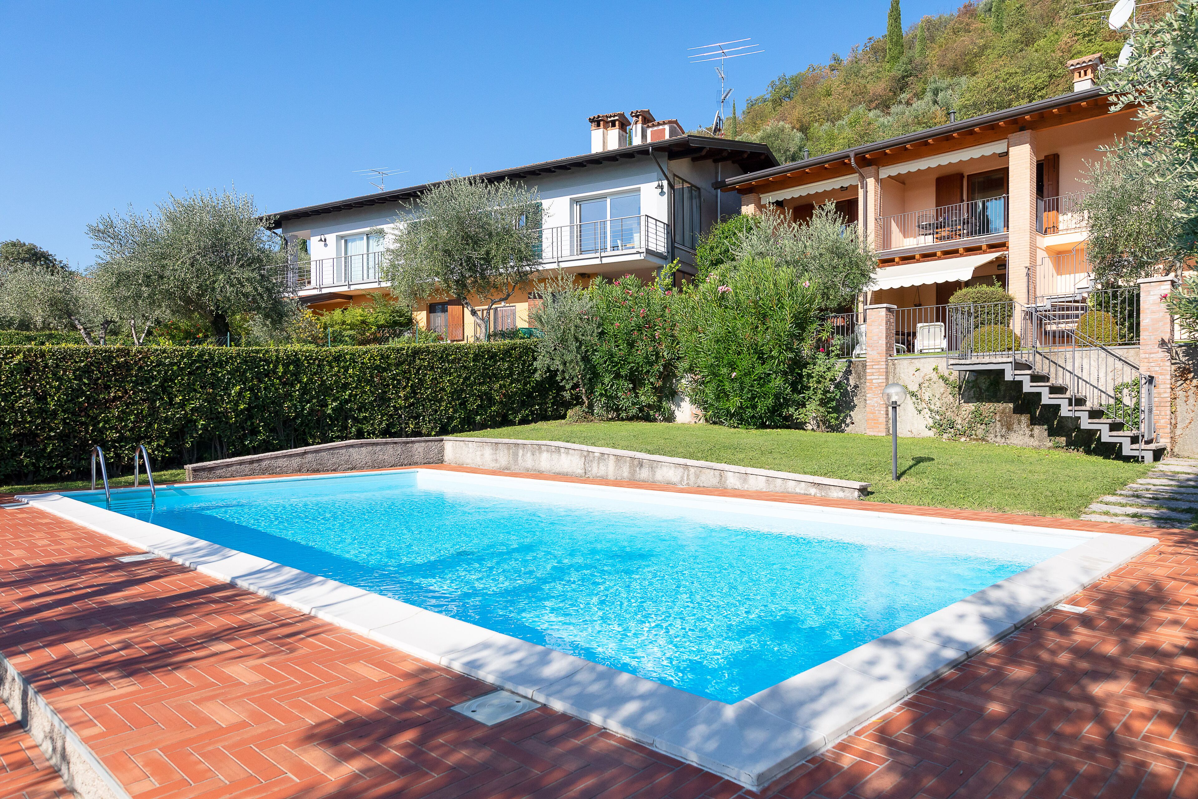 Une piscine rectangulaire bordée d’une terrasse en briques, entourée d’un beau massif de haies et située au pied d’une colline sur laquelle se trouve une maison.