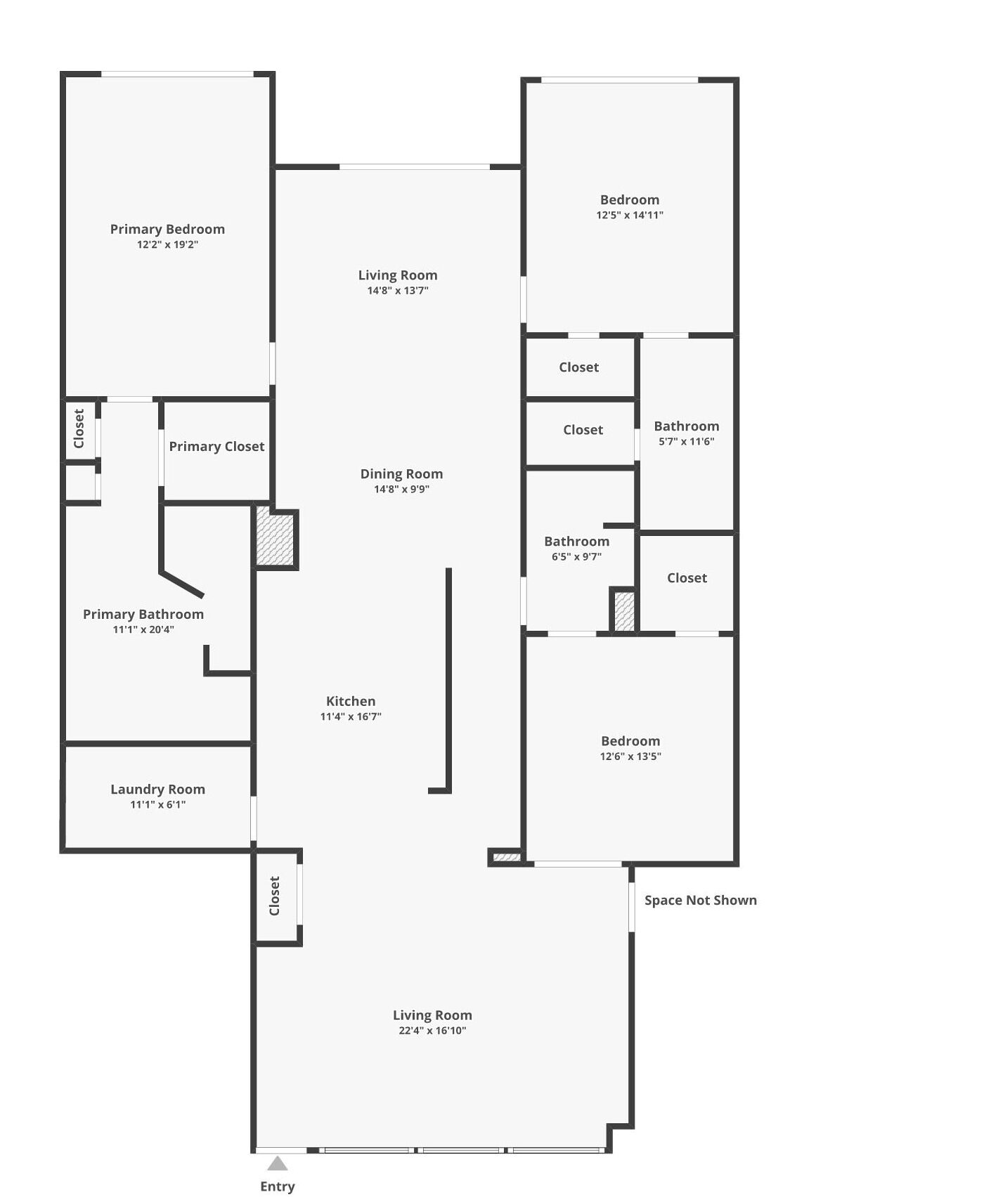 Un plan d’étage d’une maison comprenant une chambre principale, un salon, une salle à manger, une cuisine, une salle de bain principale, une buanderie et un placard.