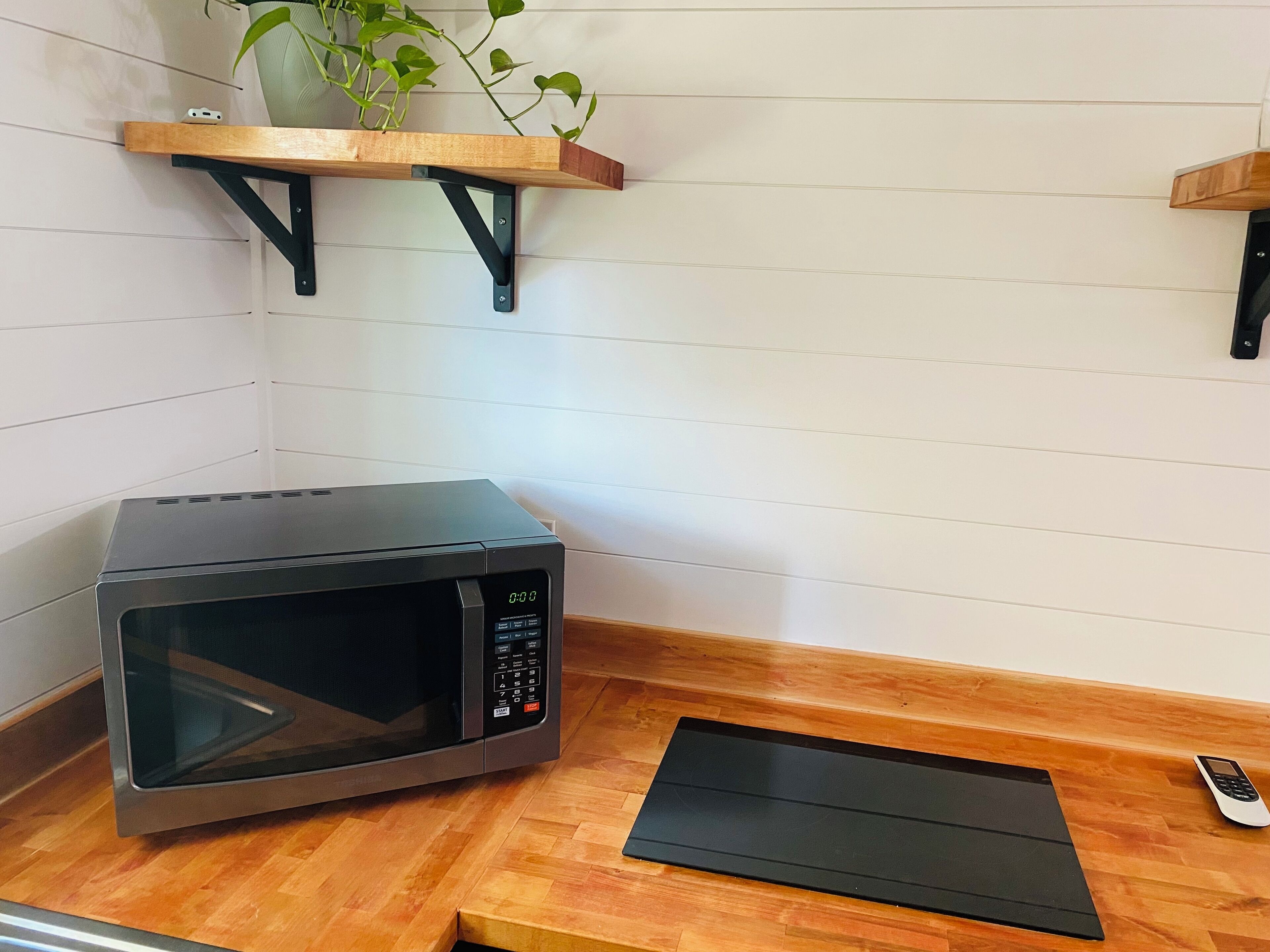 A kitchen with a microwave, a wooden shelf, and a plant.