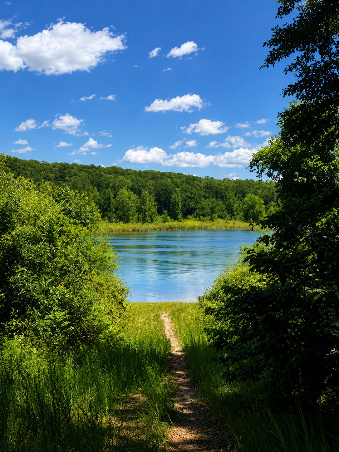 Ein klarer Weg führt zu einem See, umgeben von dichtem Grün und einem bewaldeten Hügel.