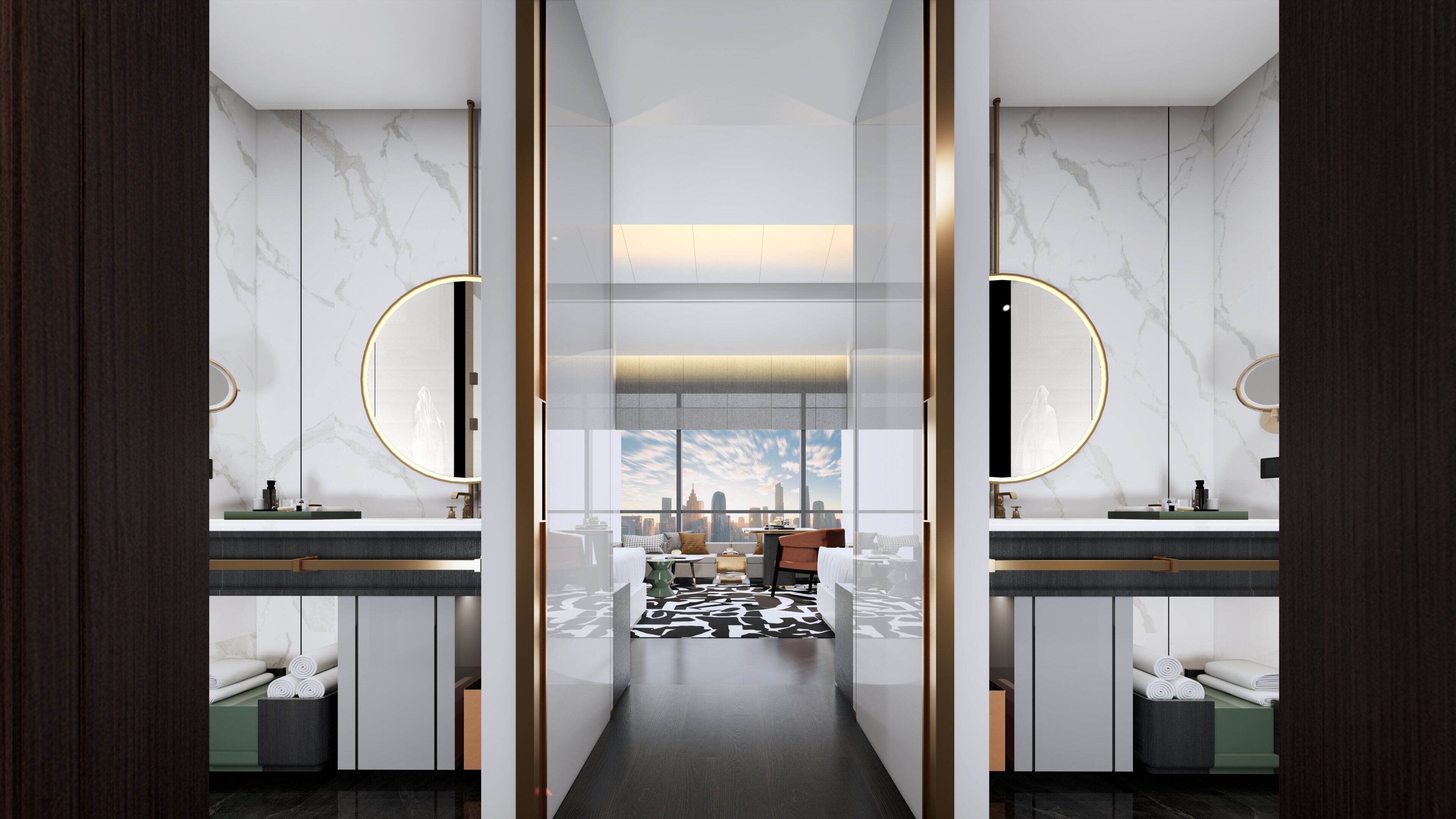 A modern bathroom with two sinks, marble walls, and a city view.