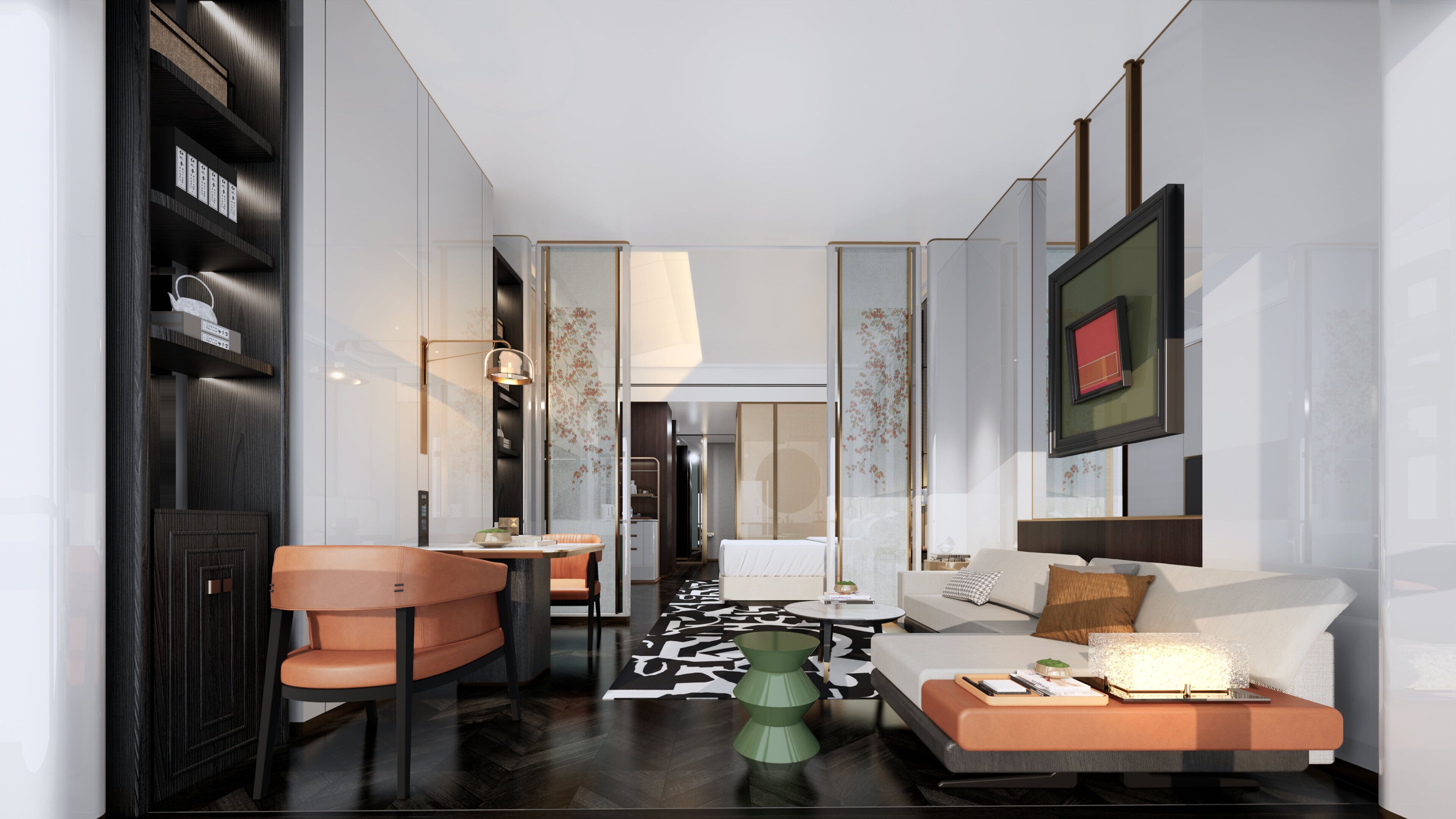 A modern hotel room with a sofa, a dining area, and a hallway leading to a bathroom.