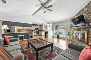 Smart TV, fireplace, video games, foosball