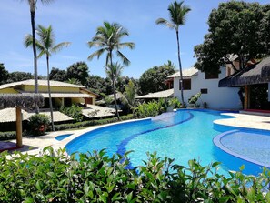 Une piscine à bord incurvé, entourée d’une végétation luxuriante et de palmiers.