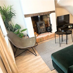 Een smart-tv, een open haard en boeken