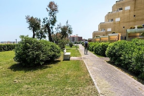 Un chemin menant à un bâtiment doté d’un toit plat et de nombreuses fenêtres, entouré de verdure et d’arbres.