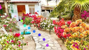 A garden pathway with colorful flowers and a bench. - Room #2 two blocks from the Malecon (La Paz)