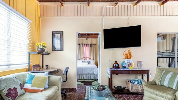 A cozy living room with a sofa, a coffee table, a TV, and a bed with a curtain.