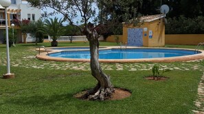 A swimming pool surrounded by a well-maintained lawn, a small tree, and a building with a tiled roof. - Sue os in Denia With 2 Bedrooms and 1 Bathrooms (Denia)