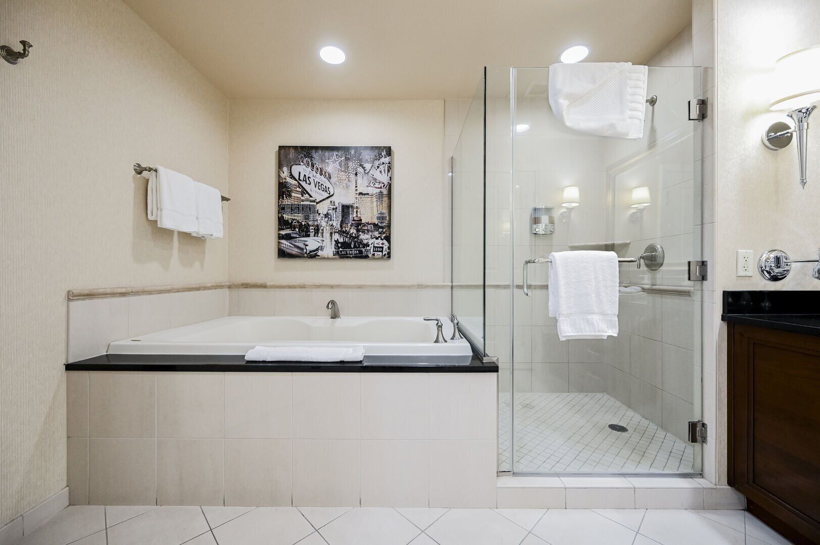 Shower, jetted bath, hair dryer, towels