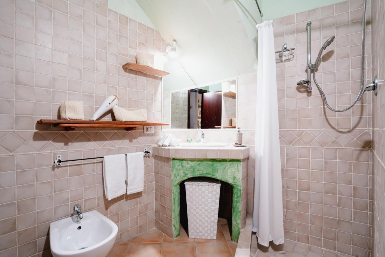 A bathroom with a sink, bidet, and shower. There is a towel rack and a mirror above the sink.