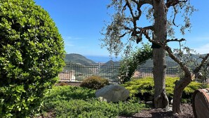 Ein angelegter Garten mit einem großen Felsen, einem Baum und Blick auf ferne Hügel.