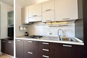 Een koelkast, een magnetron, een oven, een kookplaat