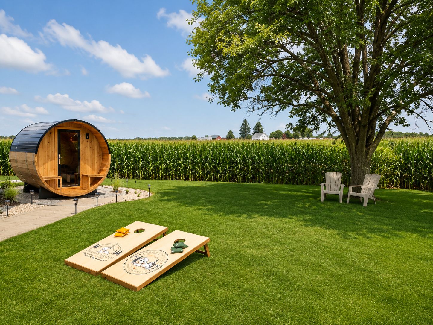 Eine holzartige, fassförmige Struktur mit einer Tür, zwei Adirondack-Stühlen und einem Maisfeld im Hintergrund.
