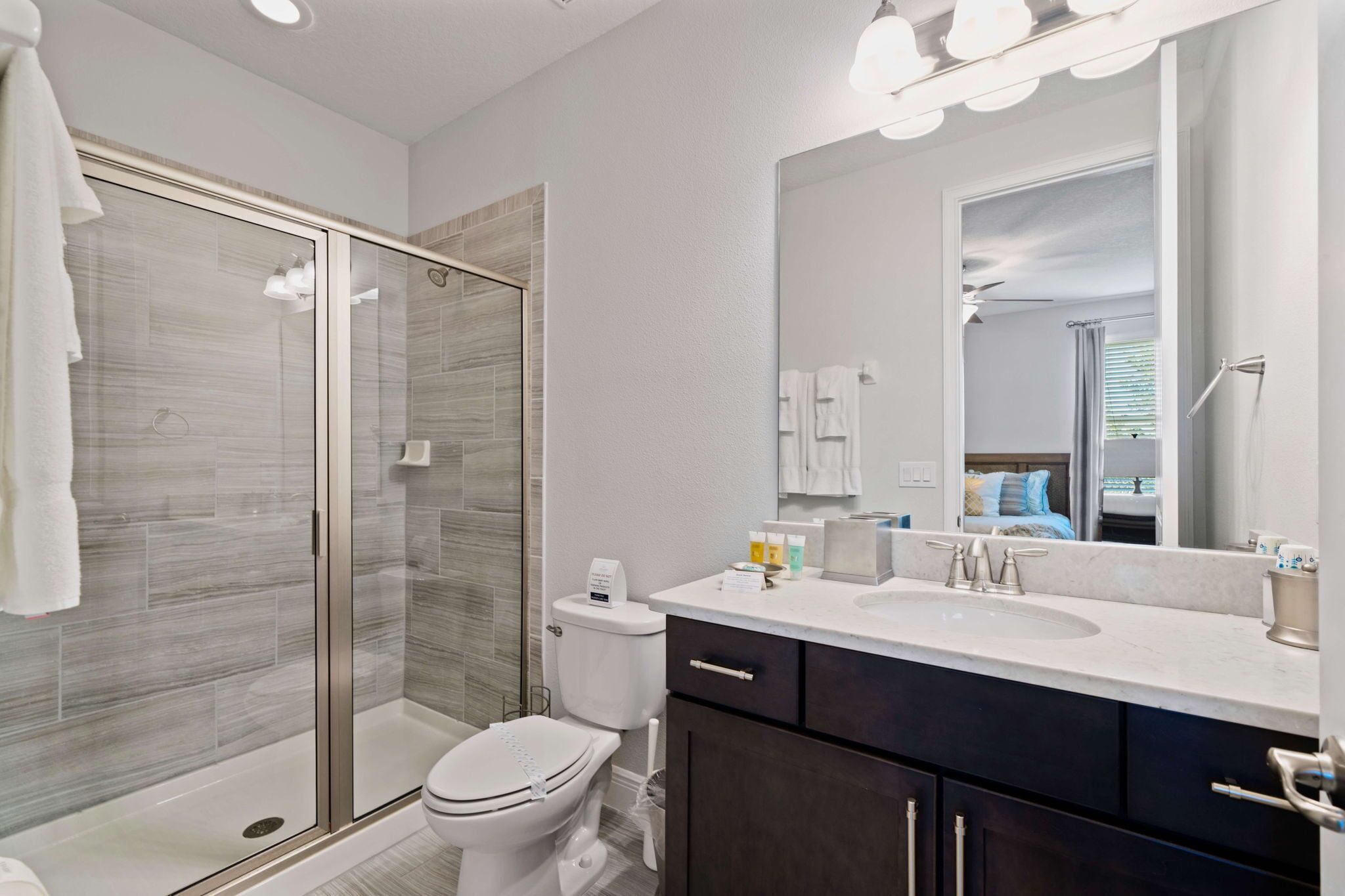 A modern bathroom with a glass shower enclosure, a toilet, a sink with a vanity, and a large mirror.