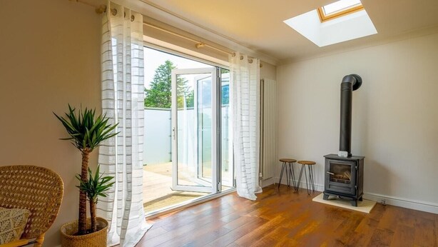 A room with a wooden floor, a black wood-burning stove, a wicker chair, a potted plant, and a sliding glass door leading outside.