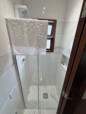 Hair dryer, towels, soap, toilet paper