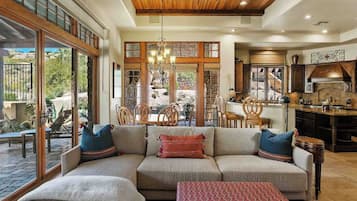 TV, fireplace, books