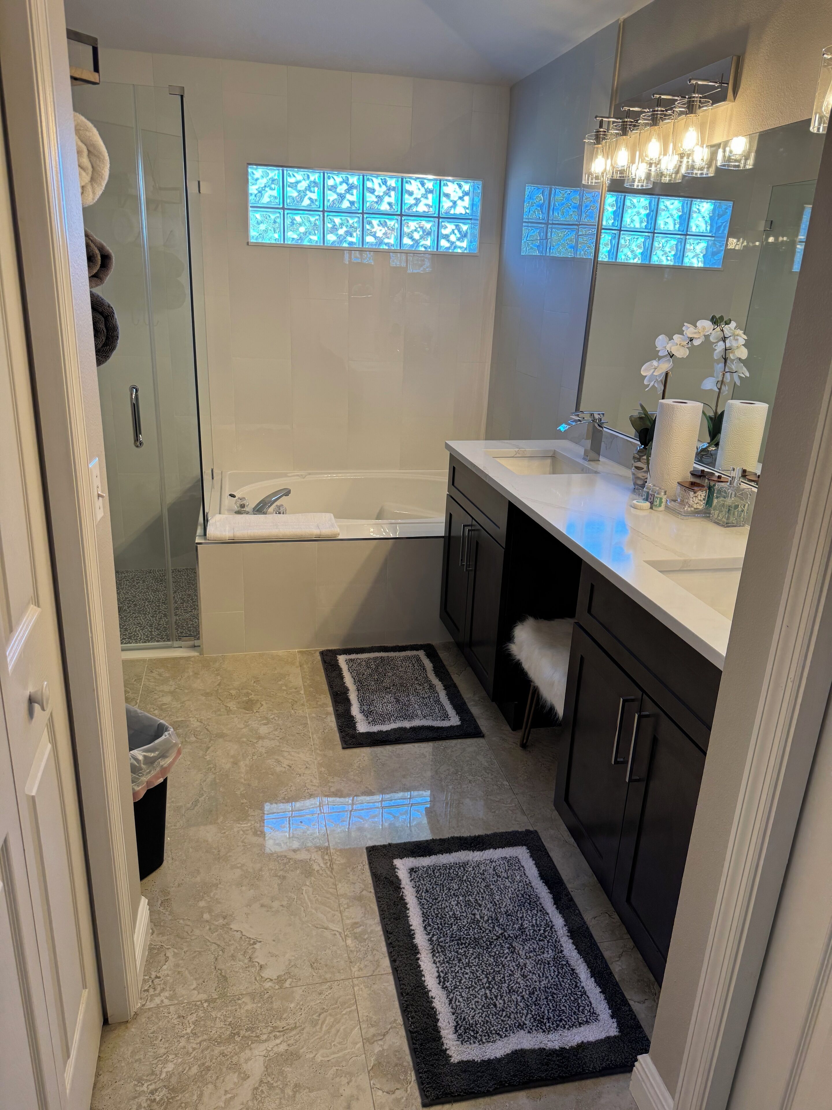 Hair dryer, towels, soap, toilet paper