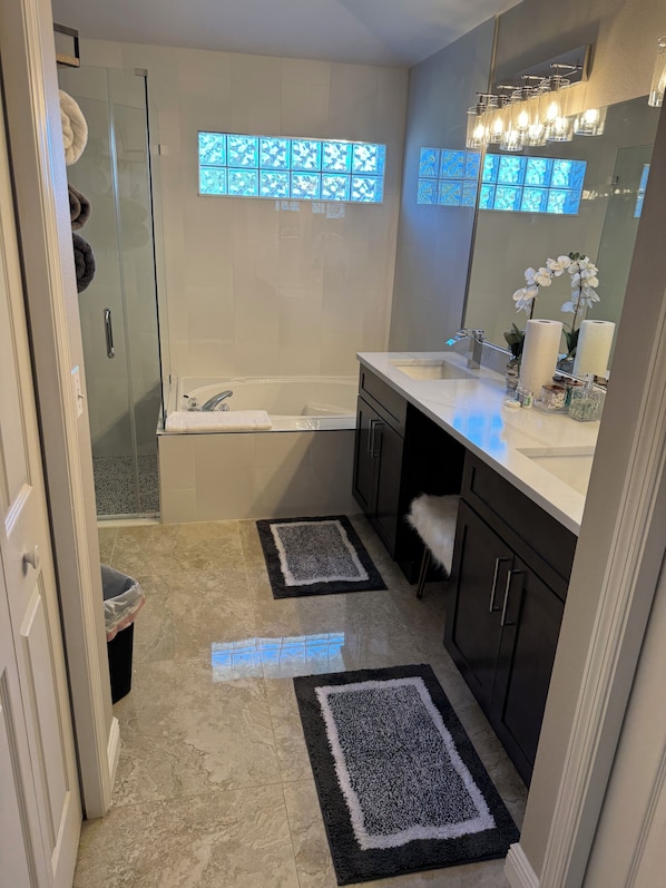 Hair dryer, towels, soap, toilet paper