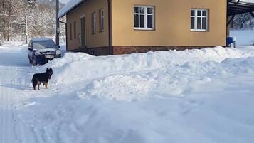 A two-story house with a sloped roof, surrounded by snow.