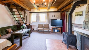 A cozy living room with a wooden ceiling, a fireplace, a television, and a sofa. - Vacation home Hoja by Interhome (Vítkovice)