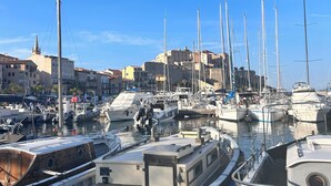 Un port de plaisance où sont amarrés différents types de bateaux, un ciel bleu dégagé et des bâtiments en arrière-plan.