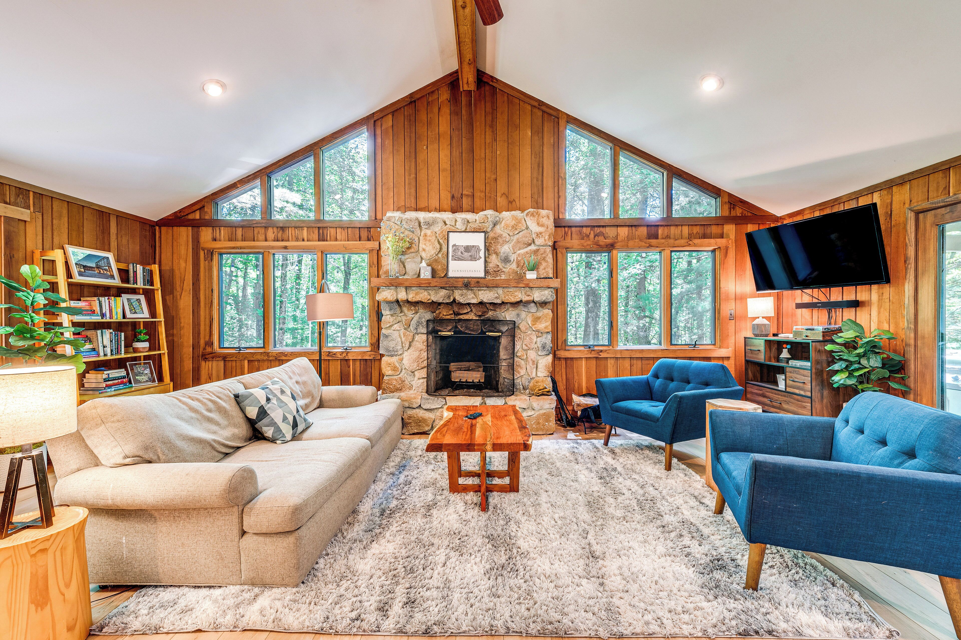 TV, fireplace, books