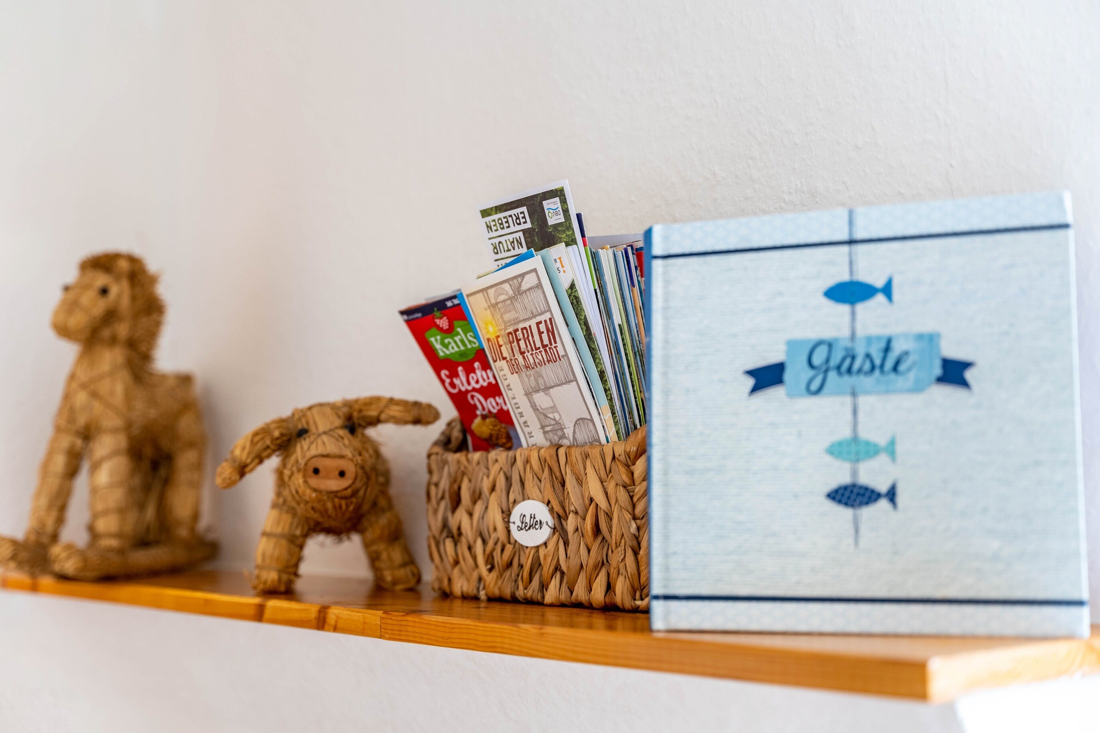 Una estantería de madera con una cesta tejida que contiene libros y una pequeña figurita, y un cuadro con la palabra 'Gaste' y símbolos de peces.