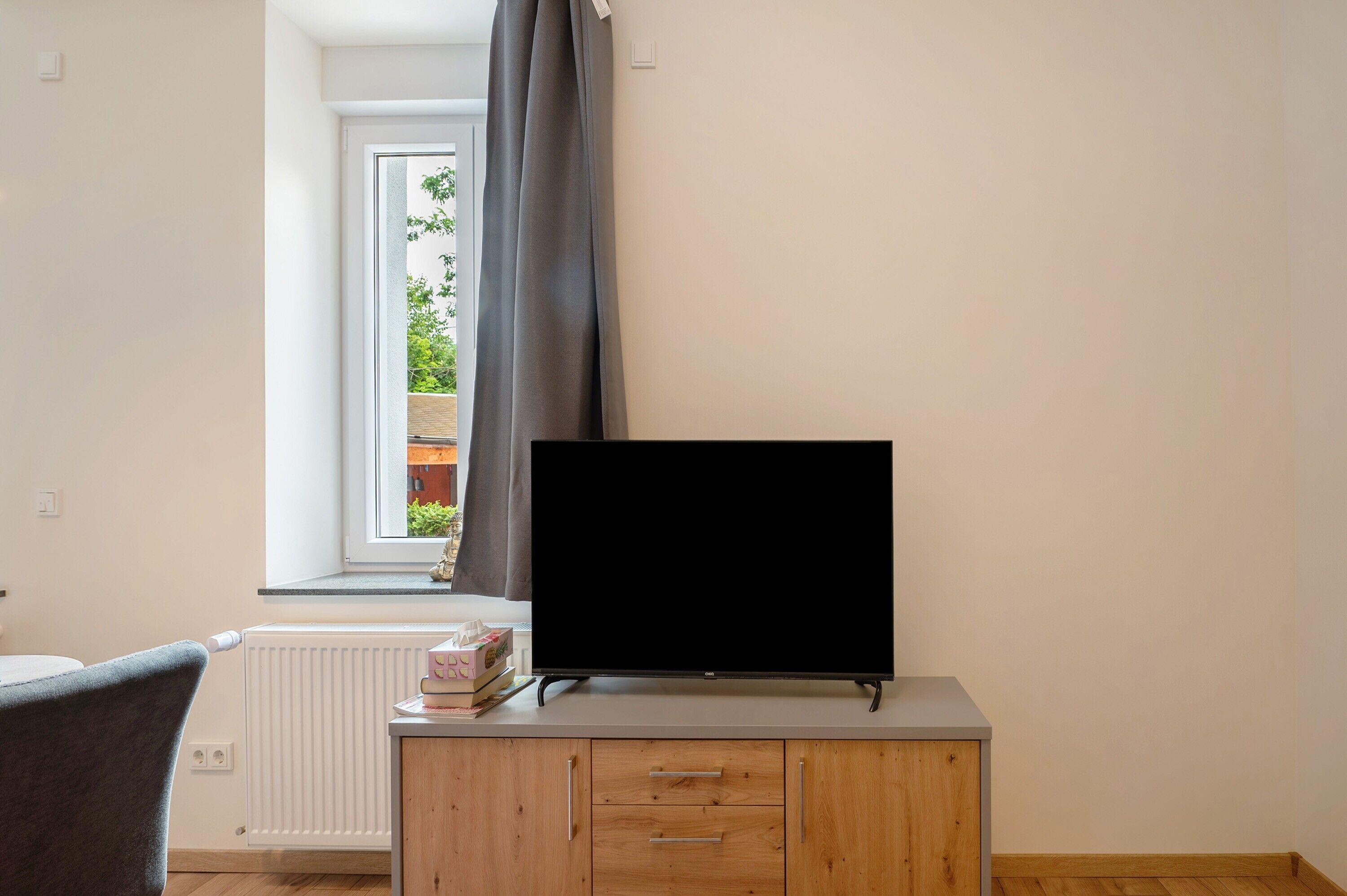 A room with a television on a wooden cabinet, a window with a view of greenery, and a radiator below.