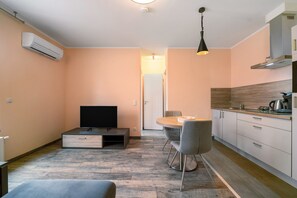 Una sala moderna con televisor de pantalla plana, una mesa de comedor con dos sillas, una zona de cocina con fregadero y estufa, y un equipo de aire acondicionado en la pared.