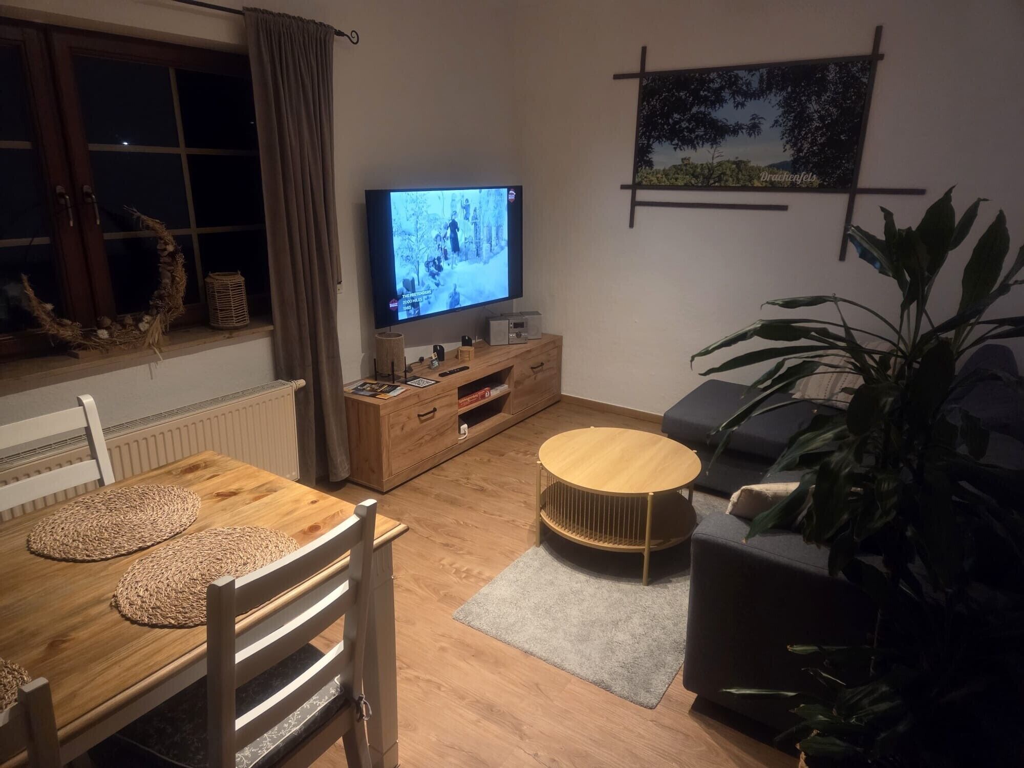 A living room with a TV, wooden furniture, a plant, and a framed picture on the wall.