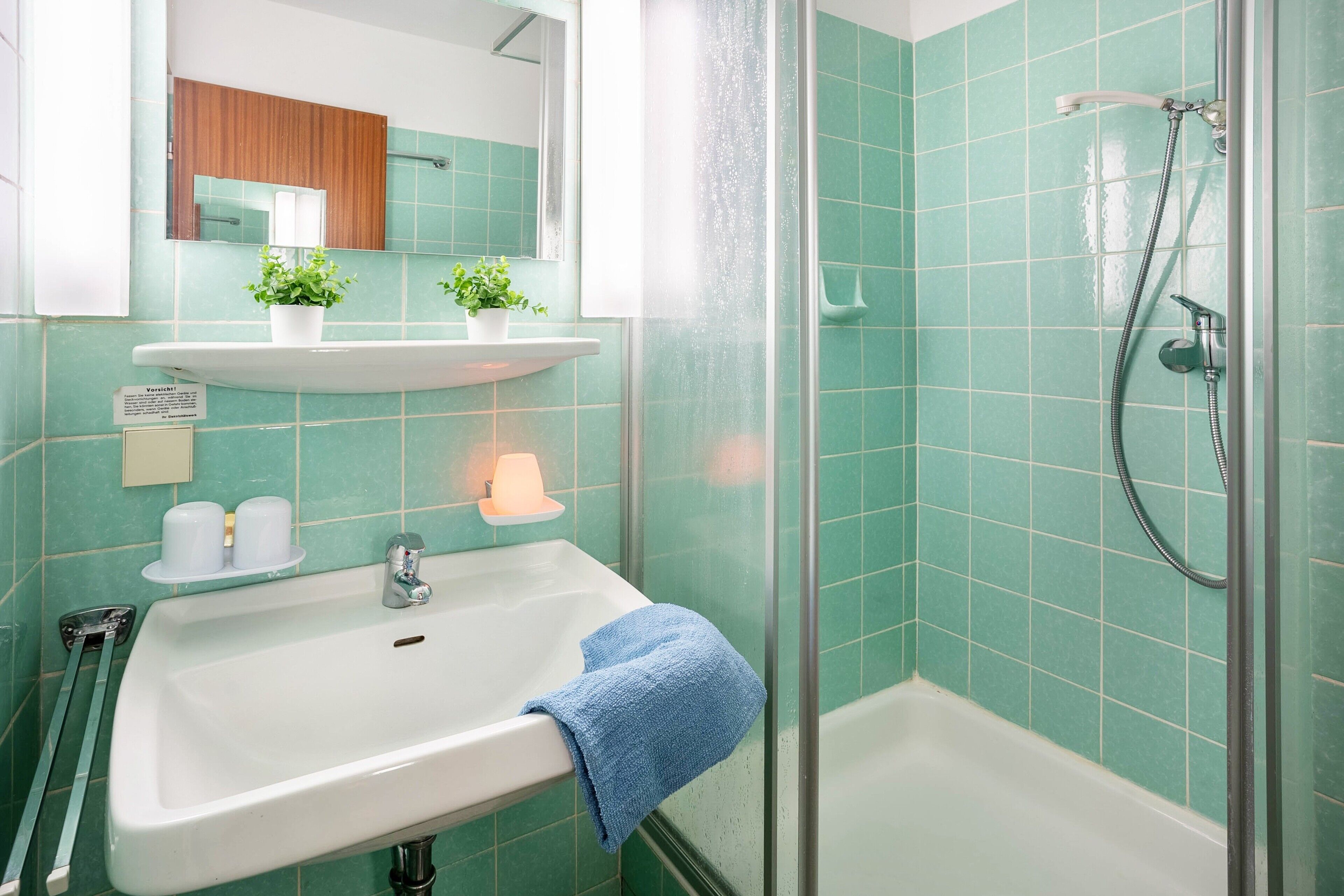 Une salle de bain avec un lavabo, un miroir, une étagère avec des plantes et une douche.