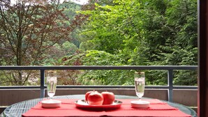 A table with a glass top, a red placemat, a plate with apples, and two glasses of a clear liquid. - Apartment No. 19 with Shared Garden, Balcony and Wi-Fi (Bad Herrenalb)