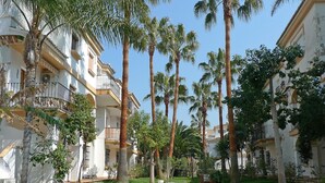 Une piscine entourée de palmiers et un bâtiment doté de balcons.