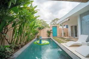 A swimming pool with a floating toy, surrounded by lush greenery and a modern building with a blue door.