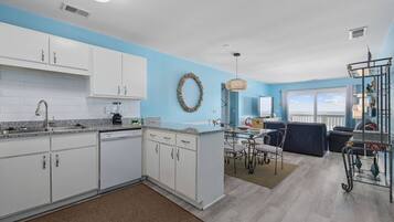 Fridge, microwave, dishwasher, coffee/tea maker