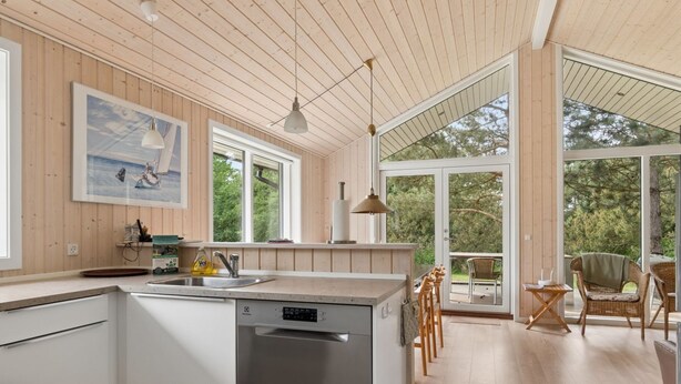 A modern kitchen with a dishwasher, wooden ceiling, and large windows. - "Vojdan" - 600m from the sea by Interhome (Fårevejle)