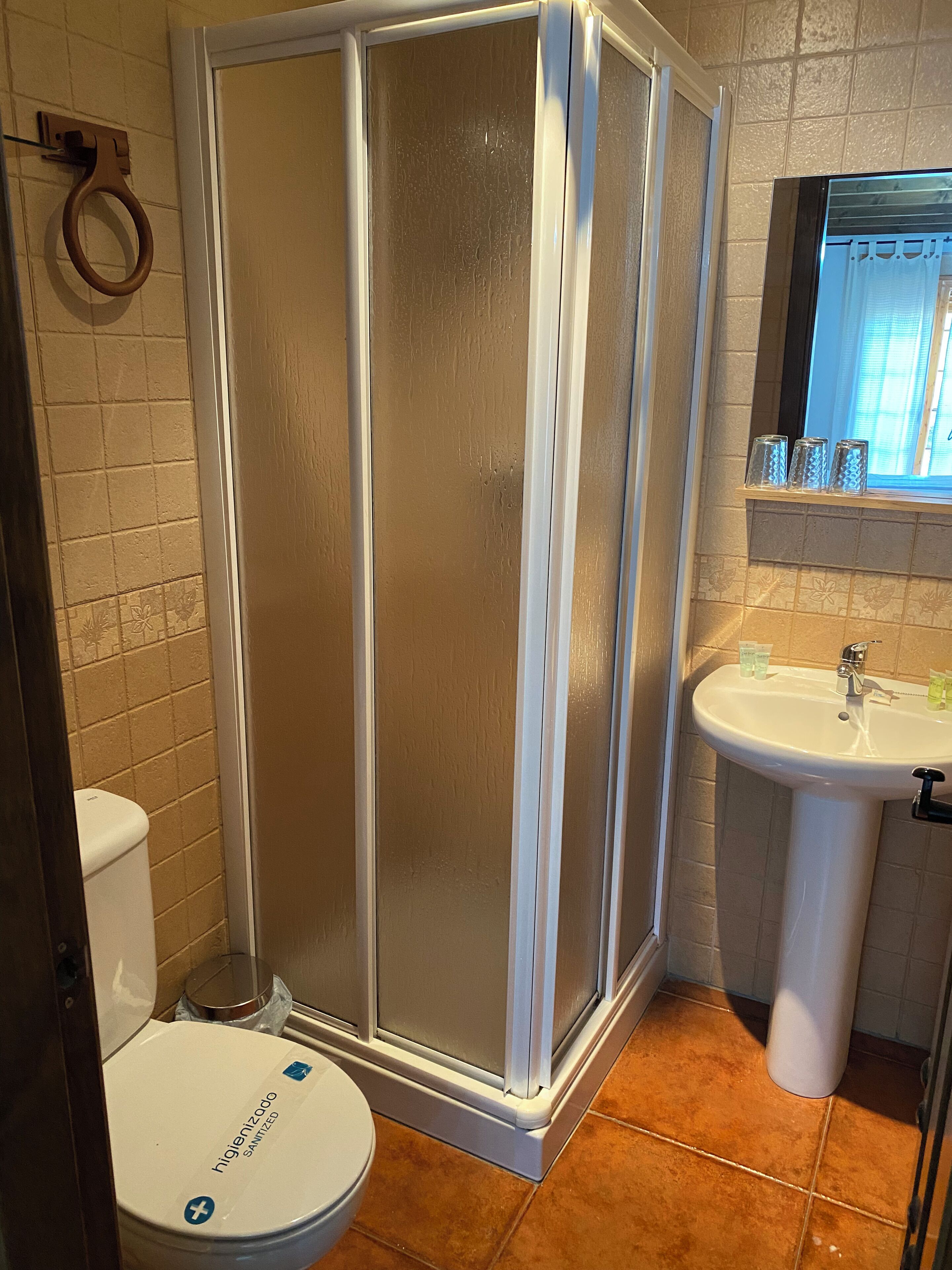 A bathroom with a glass-enclosed shower, a toilet, and a sink with toiletries.