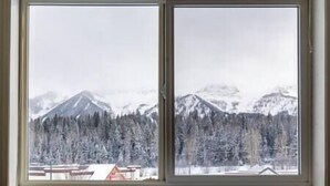 Una ventana con vistas a montañas nevadas y un bosque.