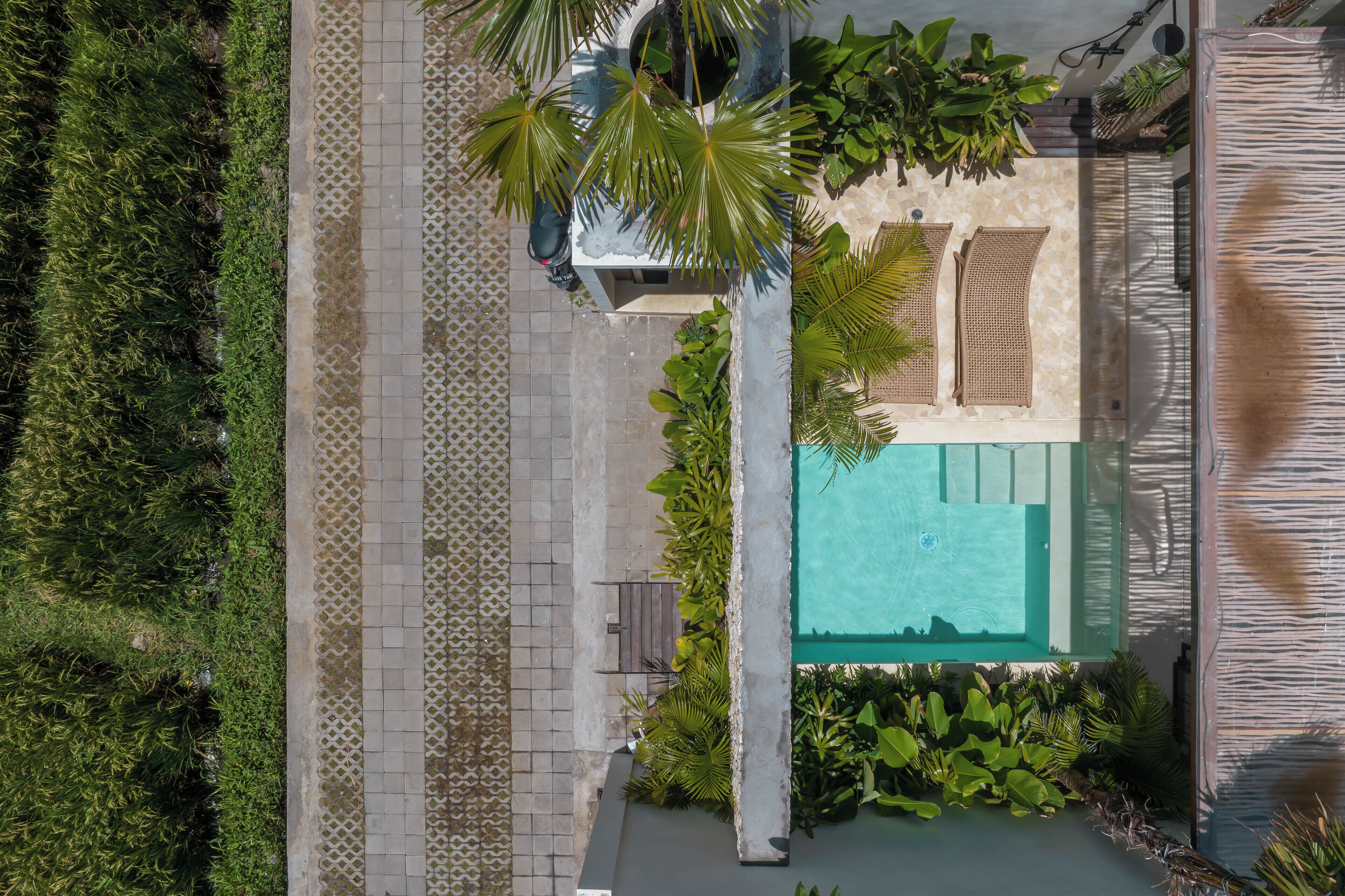 Vista aerea di una zona piscina con vialetto piastrellato, palme e area relax con mobili in vimini.