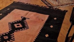 Un salon chaleureux avec un plafond en bois, un canapé, une table basse et un tapis.