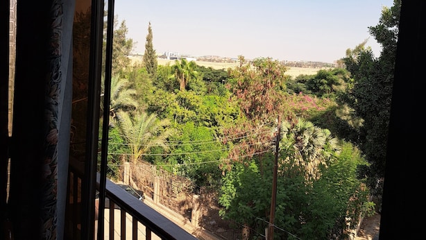 Vista desde una ventana con balcón, que da a un paisaje verde con árboles y cielo despejado.