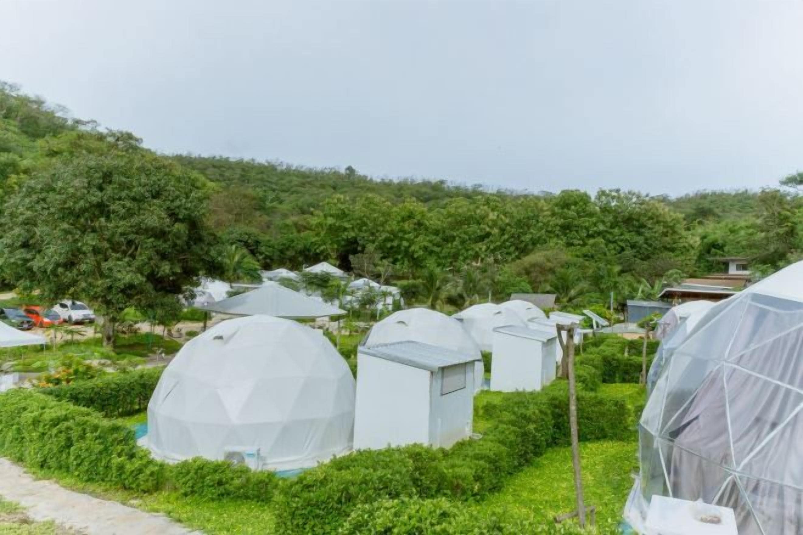 Une série de structures en forme de dôme, situées dans un espace aménagé avec de la verdure et des arbres en arrière-plan.
