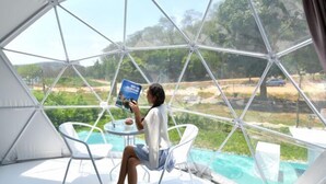 Une structure en forme de dôme géodésique comprenant une piscine et un espace détente.