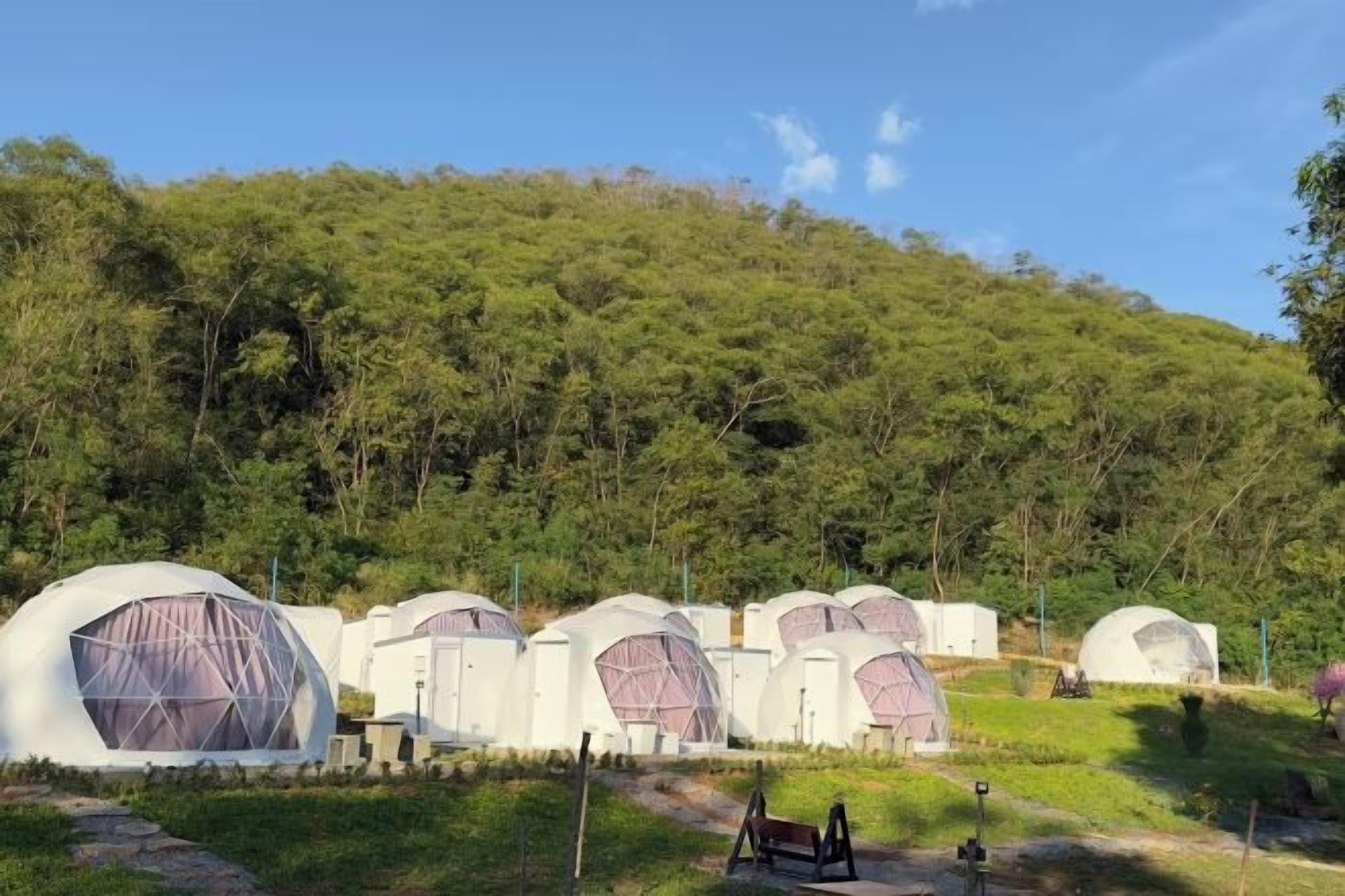 A row of dome-shaped tents with a grassy foreground and a forested hill in the background.