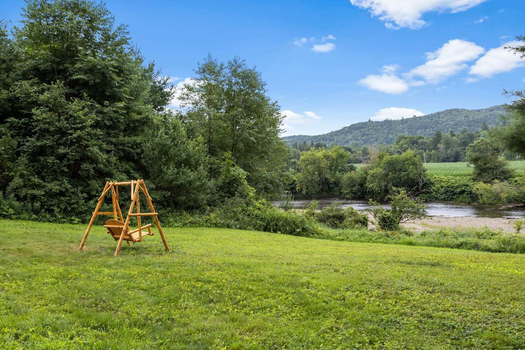 Un champ verdoyant avec une balançoire en bois et une rivière en arrière-plan.